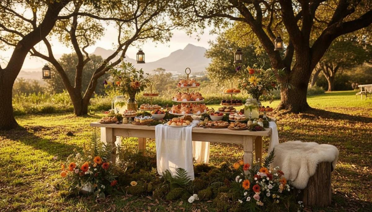 Baby fox woodland café dessert table in a garden venue