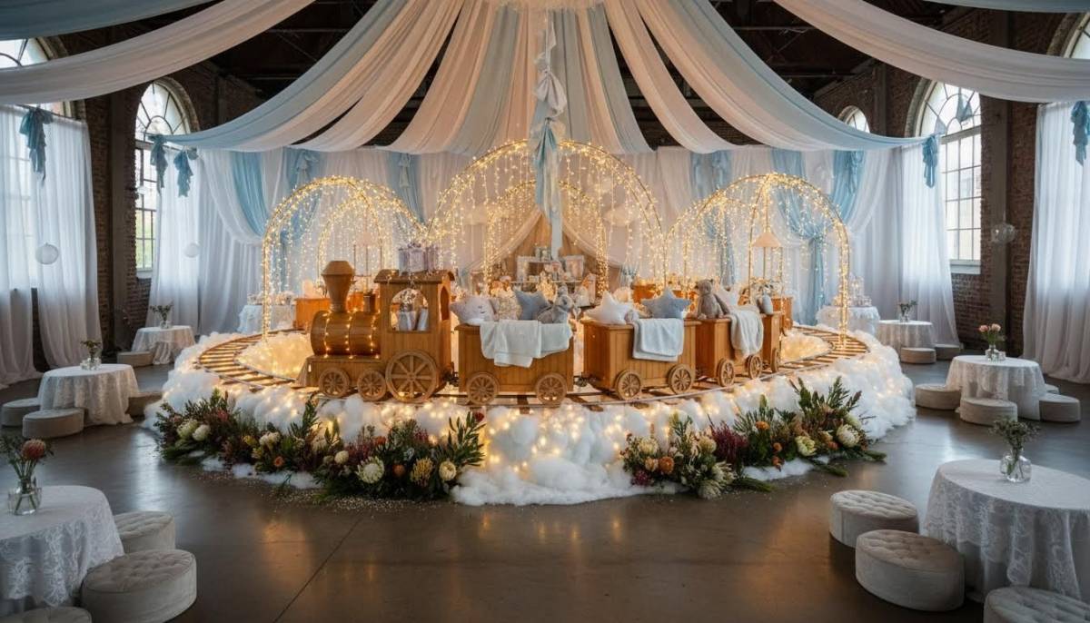 Magical train themed baby shower station setup in a Johannesburg hall