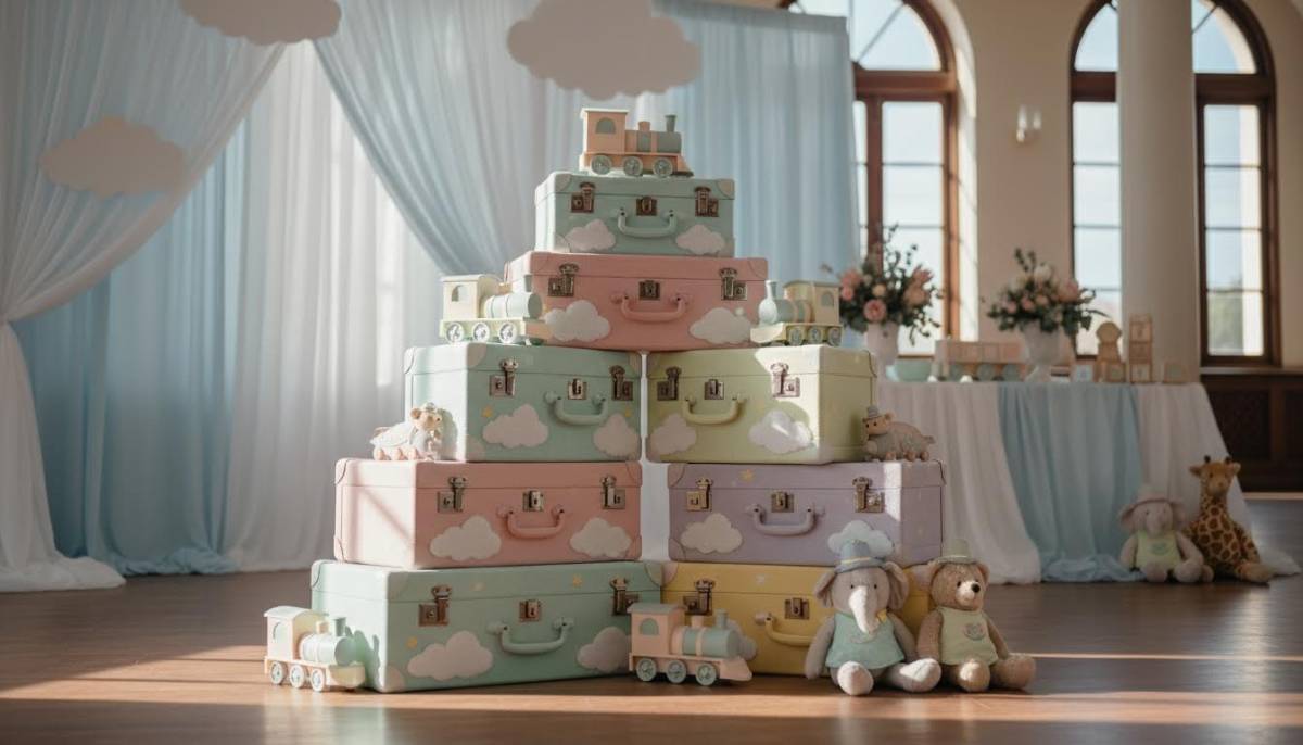 Pastel luggage stack for a train baby shower