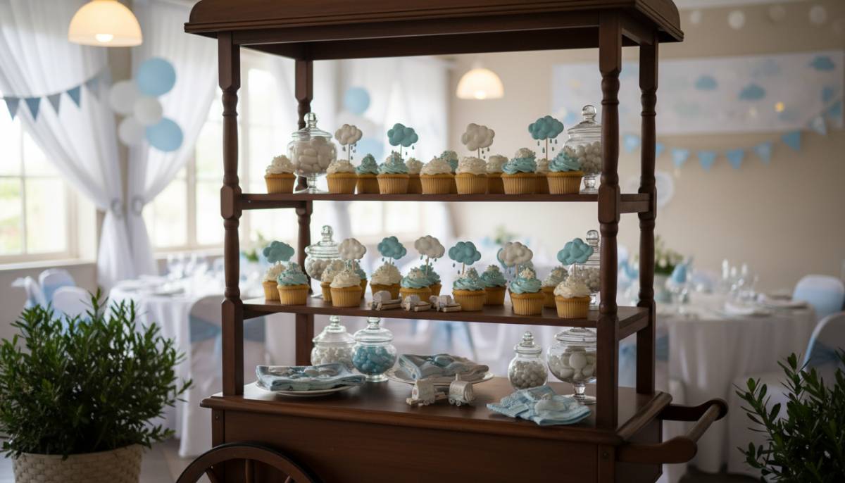 Cloud cupcakes on a train snack trolley