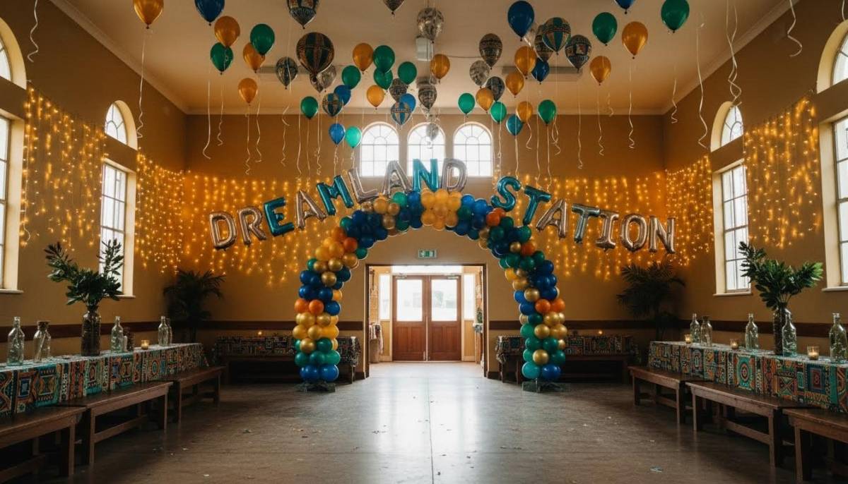 Dreamland station balloon arch in a community hall