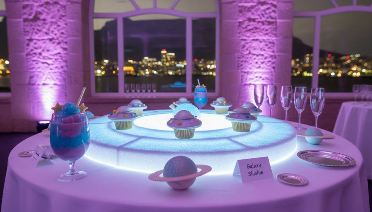 Baby alien pod favours in a Sandton clubhouse with cool LED lighting.