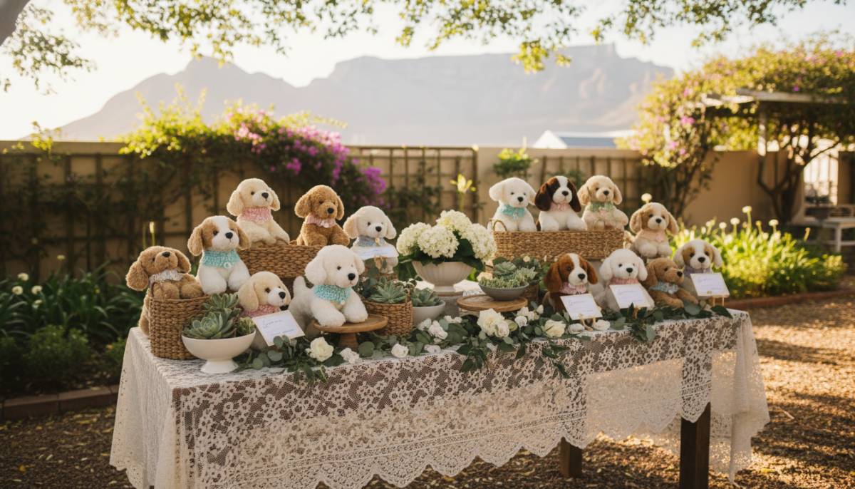 Plush puppy adoption table in a Cape Town garden baby shower with soft afternoon light