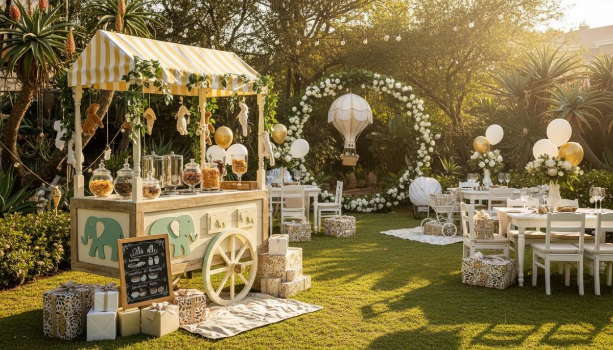 Safari ice cream cart in a Johannesburg baby shower garden with warm daylight