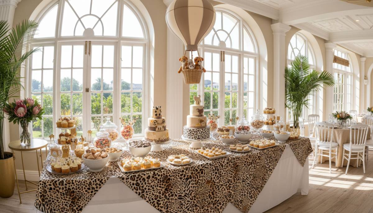 Animal print dessert table at a Durban baby shower venue with bright natural light