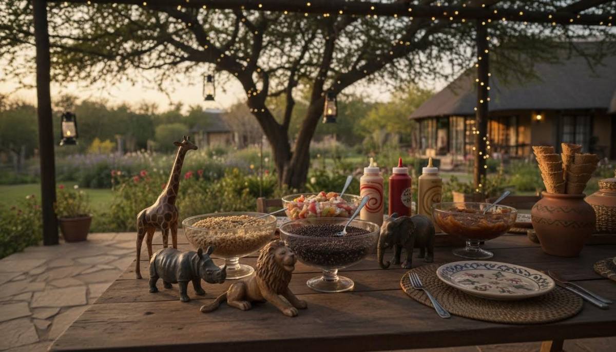 Mini safari animal sculptures beside ice cream toppings in a Pretoria patio with soft light