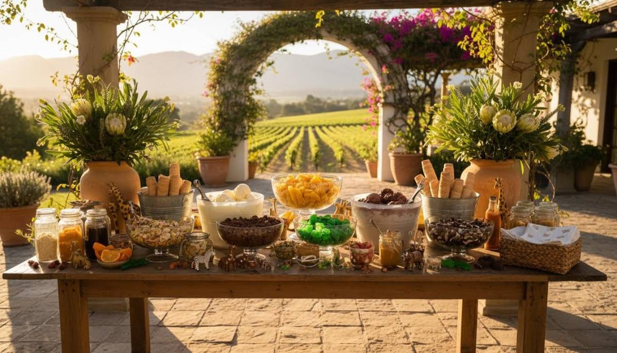 Safari baby shower ice cream toppings table in a Stellenbosch courtyard with golden afternoon light