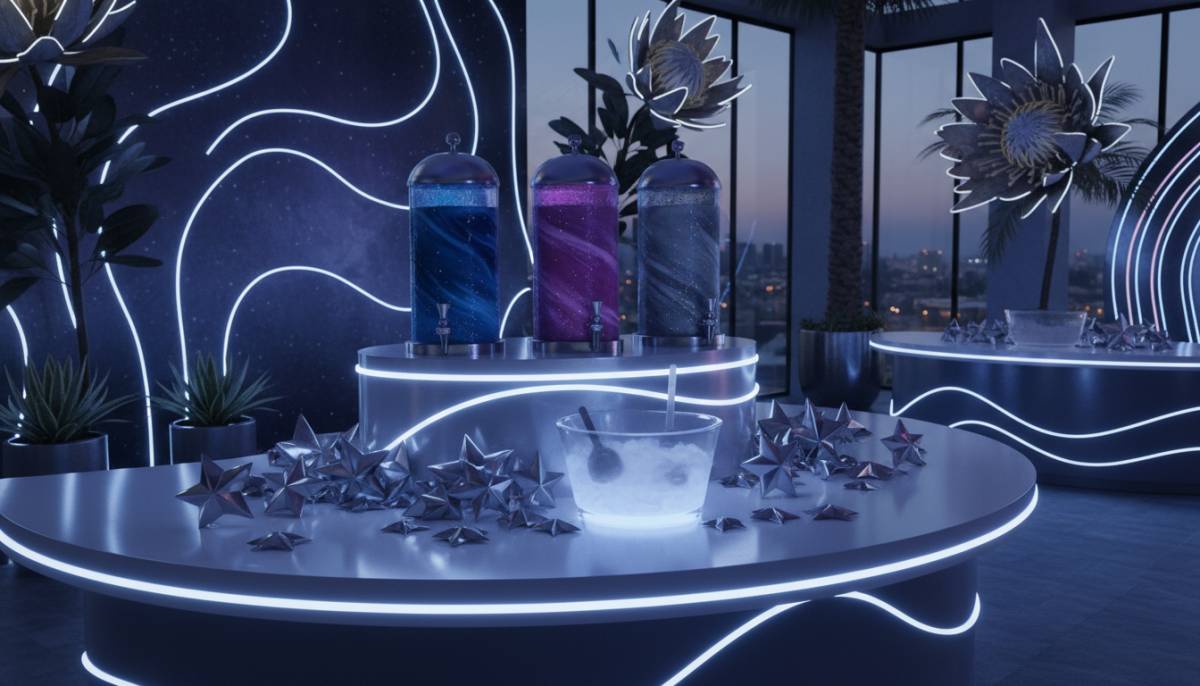 Galaxy slushy station with metallic stars in a Pretoria party venue.