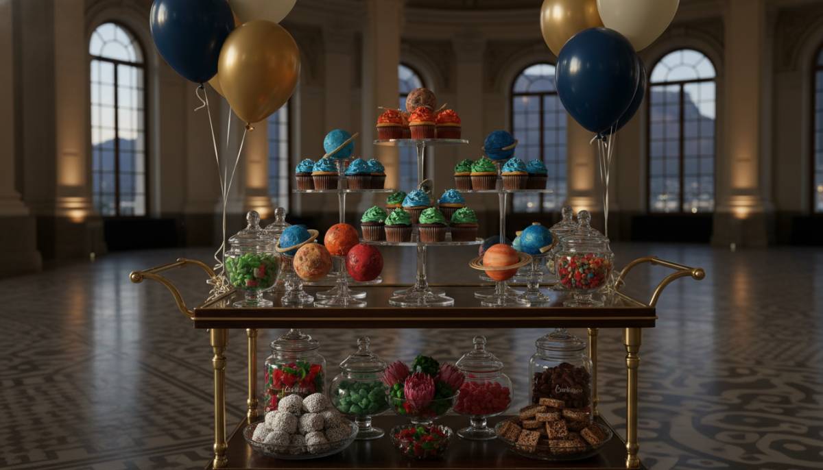 Planet cupcake display on a candy cart in a Cape Town hall.