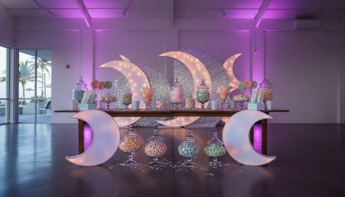 Pastel carnival candy jars with moon props in a Durban venue.