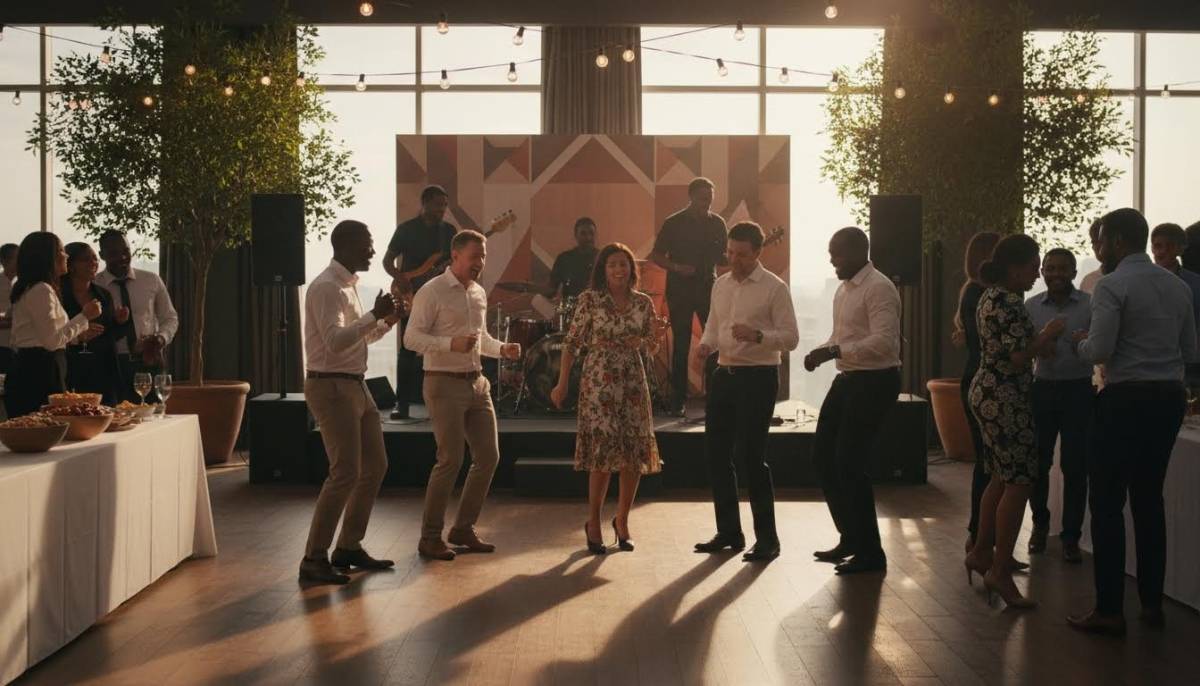 Colleagues dancing at a corporate celebration