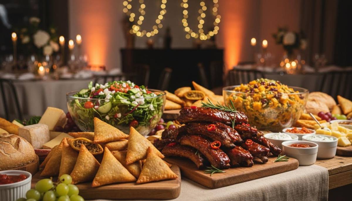 Grazing table with savoury snacks and salads